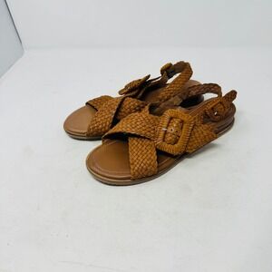 House of Harlow 1960 Woven Leather Sandals Tan Cognac Size 8 Boho Chic Buckle